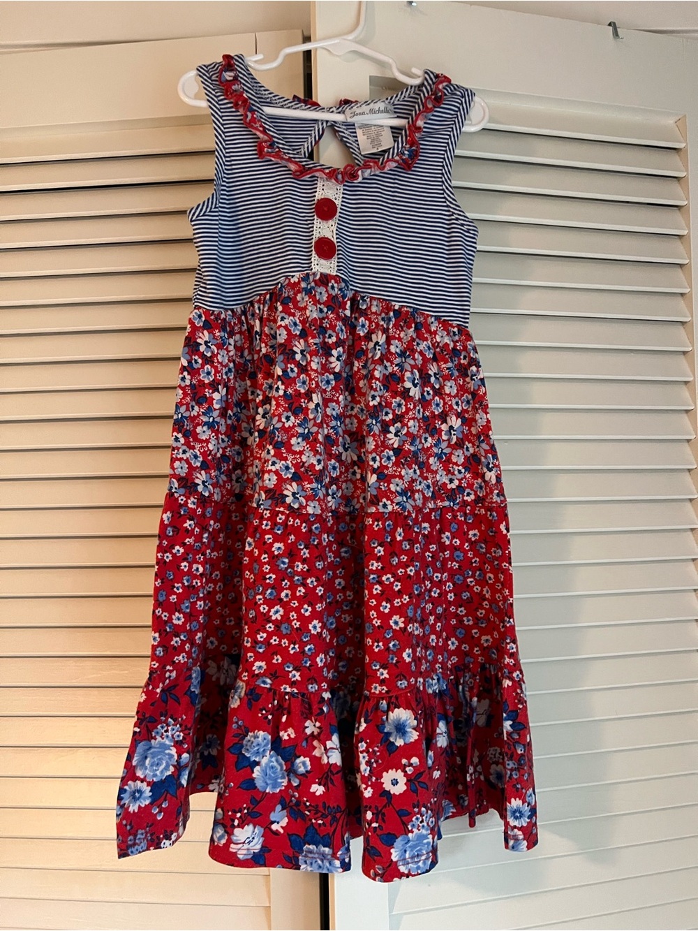 Jona Michelle Girls Size 8 Red Floral Striped Tiered Dress Bow Back